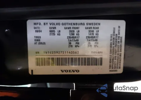 2005 Volvo Xc90 2.5T Awd from USA, damaged, VIN YV1CZ592751140563